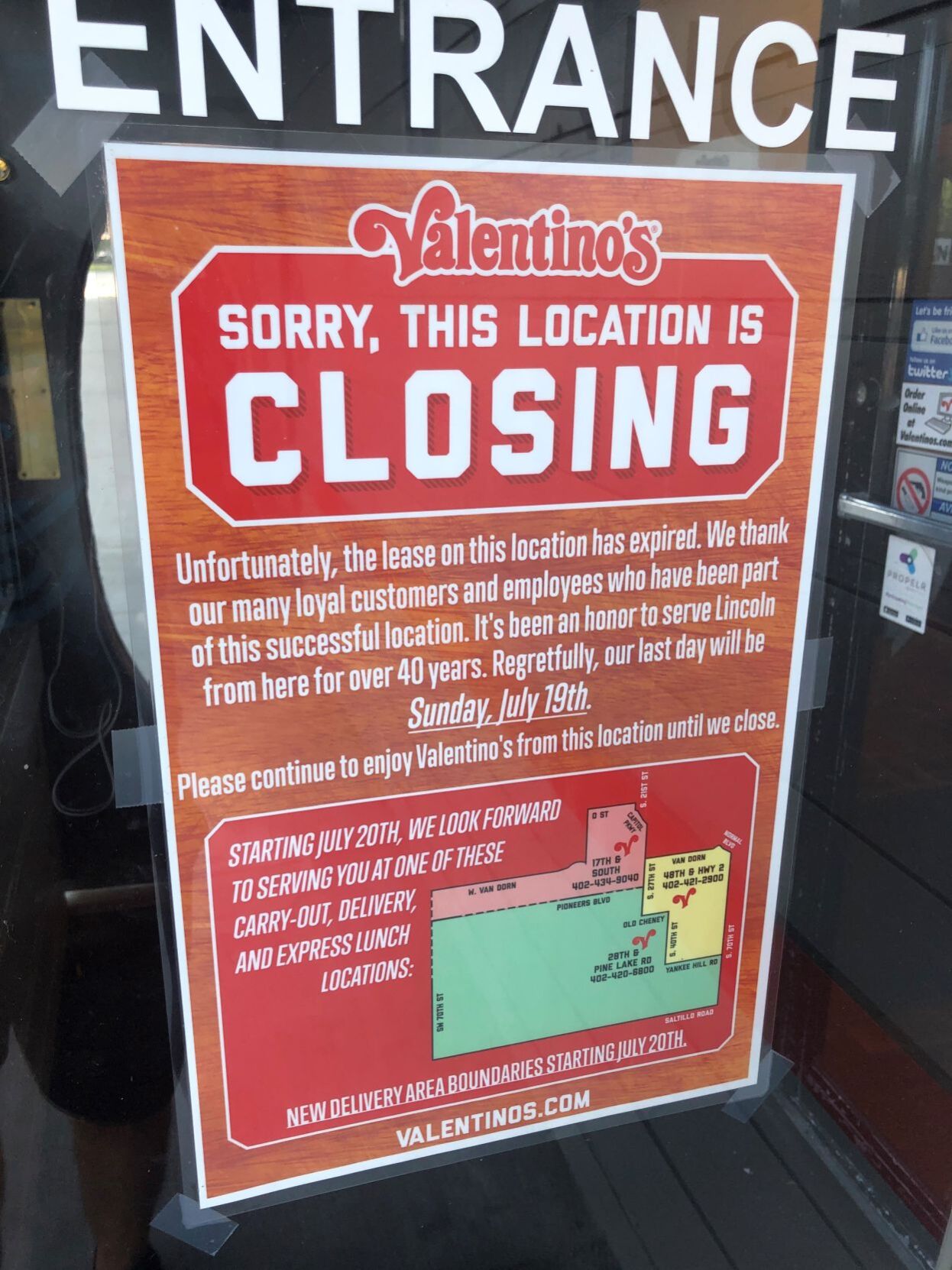 Valentino's location closing